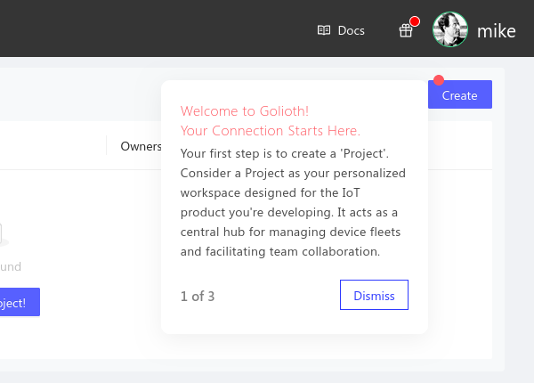 Golioth console add project wizard
