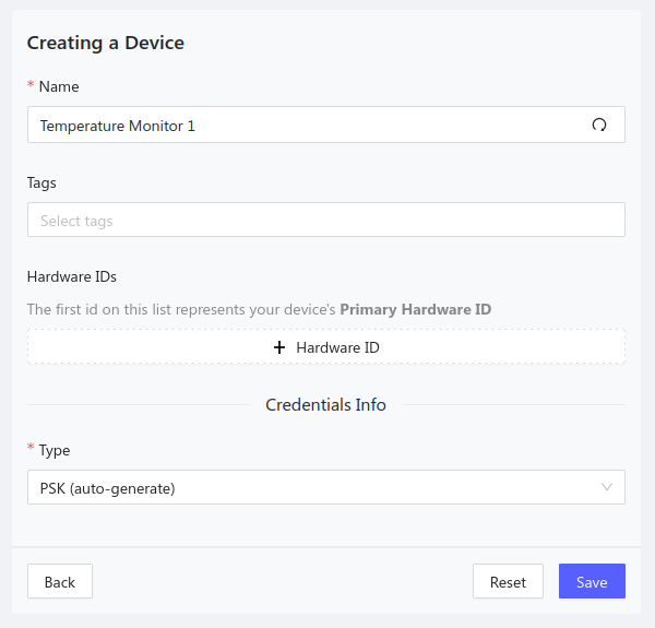 Dialog for creating new devices