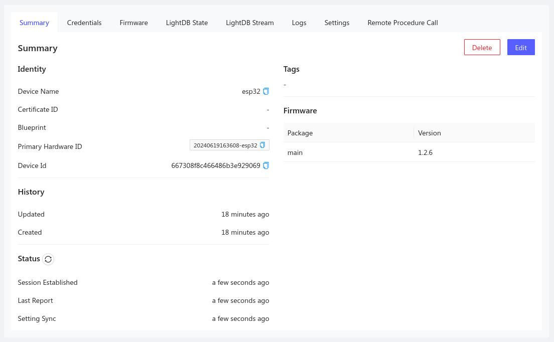 Golioth device summary shows firmware version