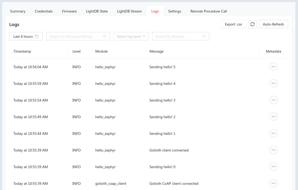 Golioth web console log messages