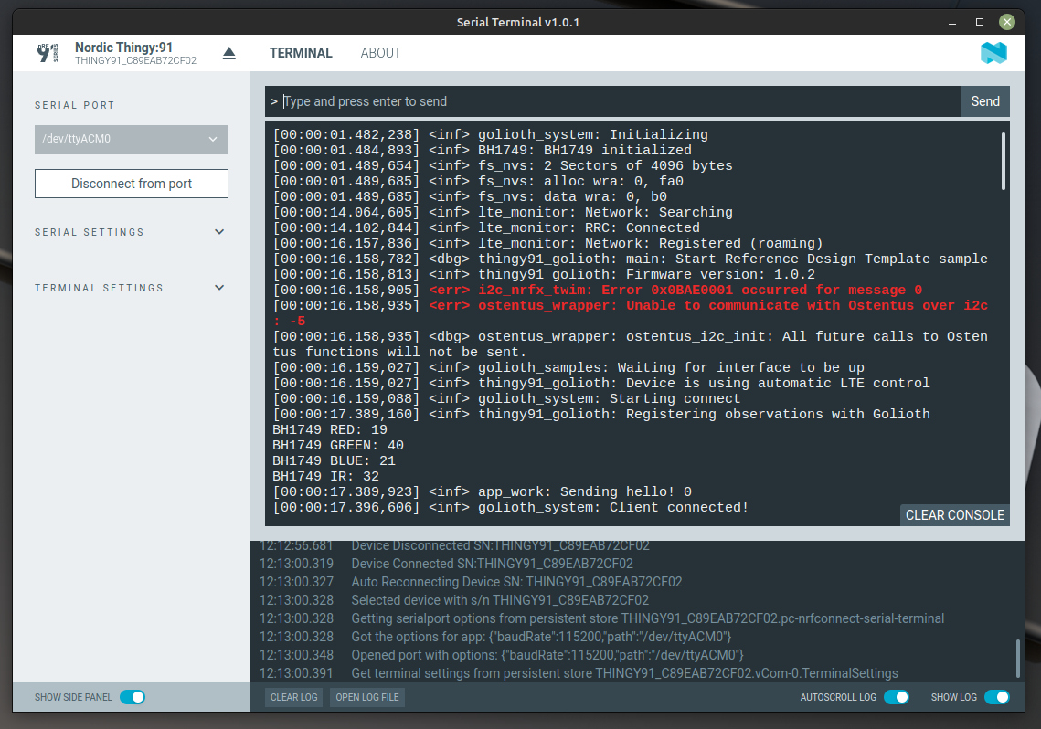 Nordic nRF Connect for Desktop Serial Terminal
connected